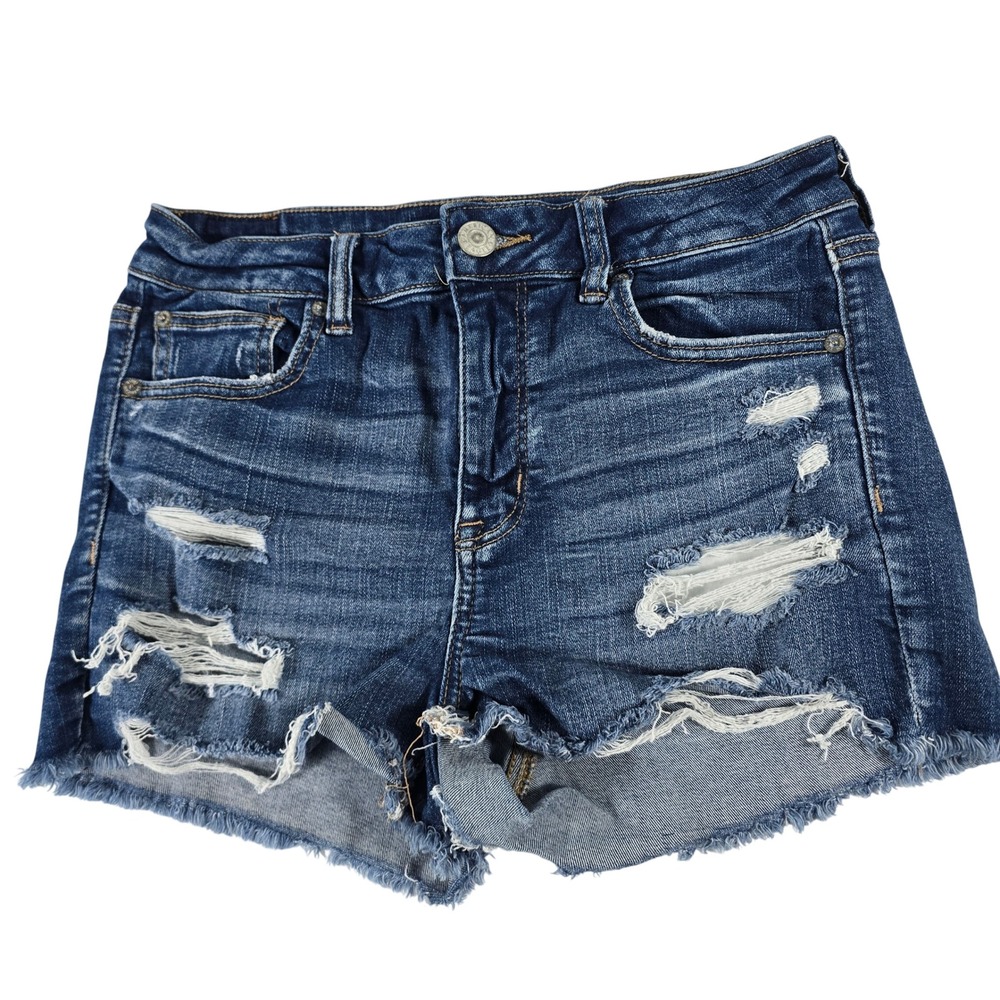 American Eagle Hi-Rise Shortie Distressed Denim Shorts Dark Wash Womens 10 13991